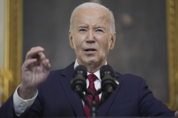 President Joe Biden speaks before signing a $95 billion Ukraine aid package that also includes support for Israel, Taiwan, and other allies, in the State Dining Room of the White House, Wednesday, April 24, 2024, in Washington. (AP Photo/Evan Vucci)