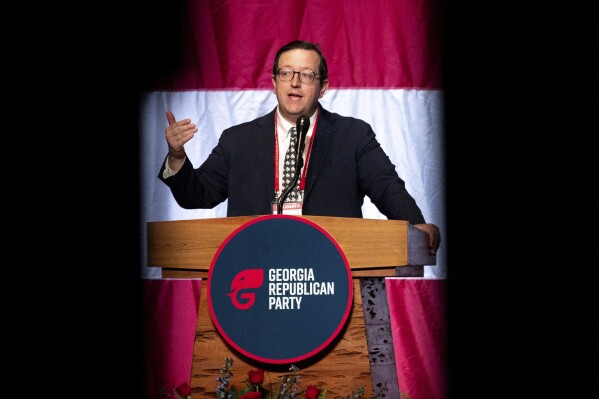 Georgia's Republican Party chairman Joshua McKoon speaks at the Georgia GOP Convention at the Columbus Convention & Trade Center in Columbus, Ga., on Friday, May 17, 2024. (Arvin Temkar/Atlanta Journal-Constitution via Ǻ)