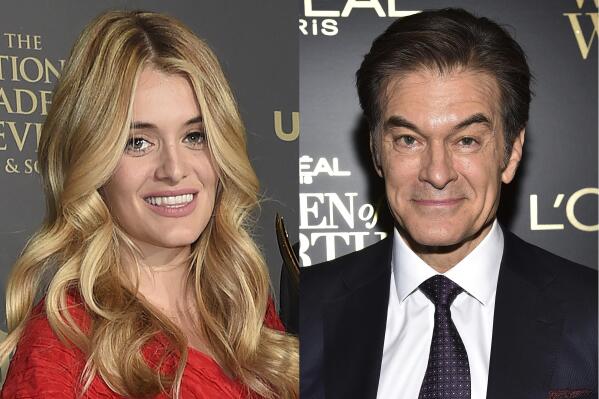 This combination of photos shows Daphne Oz at the 44th annual Daytime Emmy Awards in Pasadena, Calif., on  April 30, 2017, left, and Dr. Mehmet Oz appears at the 14th annual L'Oreal Paris Women of Worth Gala in New York on Dec. 4, 2019. Dr. Oz, the cardiac surgeon and U.S. Senate candidate, will end his syndicated talk show next month, and producers will replace it with a cooking show featuring his daughter. (AP Photo)