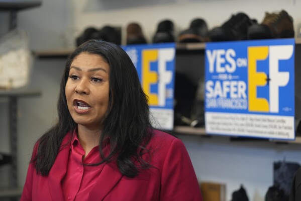 San Francisco Mayor London Breed speaks during a news conference to promote a crime measure at the Footprint retail store in San Francisco, Thursday, Jan. 25, 2024. The Democratic mayor of San Francisco is pushing a pair of controversial public safety proposals on the March 5, ballot. Critics say the measures are out of step with San Francisco's liberal politics and will hurt already marginalized communities. (AP Photo/Eric Risberg)