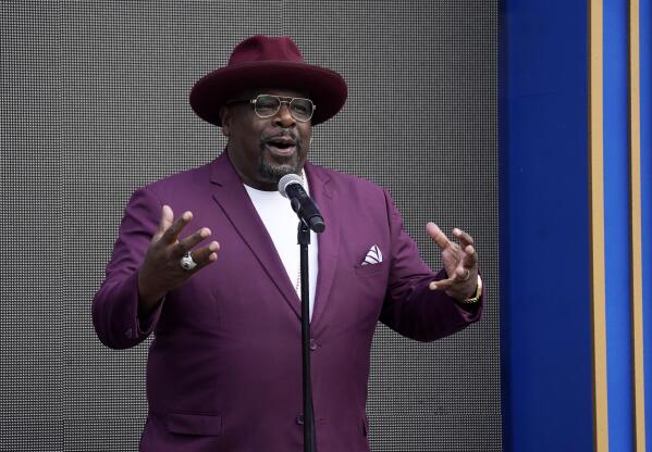 Cedric the Entertainer, host of Sunday's 73rd Primetime Emmy Awards, addresses the media during the show's Press Preview Day, Wednesday, Sept. 14, 2021, at the Television Academy in Los Angeles. The awards show honoring excellence in American television programming will be held at the Event Deck at L.A. Live. (AP Photo/Chris Pizzello)