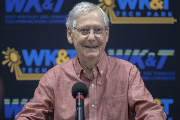 Senate Minority Leader Mitch McConnell, R-Ky., smiles while giving speaking at the Graves County Republican Party Breakfast at WK&T Technology Park in Mayfield, Ky., on Saturday, Aug. 5, 2023. (Ryan C. Hermens/Lexington Herald-Leader via AP)