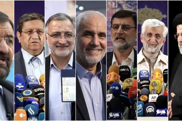 This combination of seven photos shows approved candidates for the June 18, Iranian presidential elections from left to right, Mohsen Rezaei, a former commander of the Revolutionary Guard, Abdolnasser Hemmati, head of central bank of Iran, Alireza Zakani, a former lawmaker, Mohsen Mehralizadeh, a former provincial governor, Amir Hossein Ghazizadeh Hashemi, deputy Parliament Speaker, Saeed Jalili, former top nuclear negotiator, Ebrahim Raisi, head of the Judiciary. Iran named the seven candidates Tuesday, May 25 and barred prominent candidates allied to its current president amid tensions with the West over its tattered nuclear deal. (AP Photo)