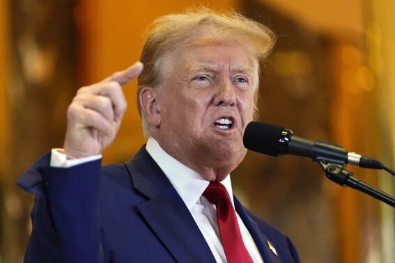 FILE - Former President Donald Trump speaks during a news conference at Trump Tower, May 31, 2024, in New York. Manhattan prosecutors urged a judge Wednesday to keep Donald Trump’s gag order in place in his hush money criminal case at least until the former president is sentenced in July. (AP Photo/Julia Nikhinson)