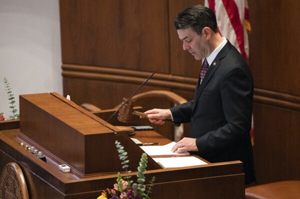 Oregon Senate President Rob Wagner presides over the first day of the legislative session at the Oregon state Capitol, Monday, Feb. 5, 2024, in Salem, Ore. (AP Photo/Jenny Kane)