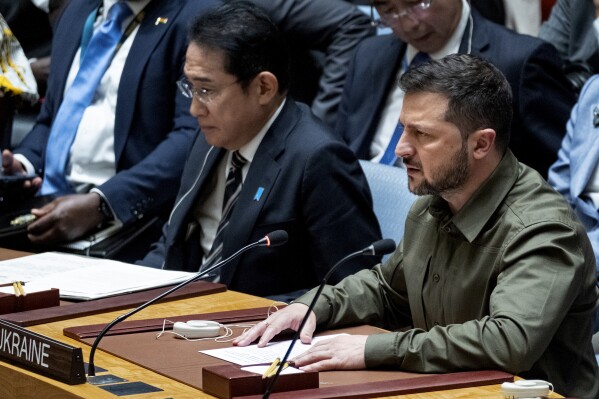 Ukrainian President Volodymyr Zelenskyy addresses a high level Security Council meeting during the 78th session of the United Nations General Assembly at U.N. headquarters, Wednesday, Sept. 20, 2023. (AP Photo/Craig Ruttle)