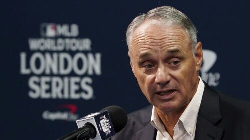 MLB Commissioner, Robert Manfred, speaks during a press conference during a workout day ahead of the MLB London Series Match between the St. Louis Cardinals and Chicago Cubs at the London Stadium, London, Friday June 23, 2023. (Zac Goodwin/PA via AP)