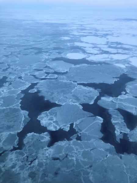 Ice is visible in the Bering Sea Jan. 22, 2020, as seen from a small plane airplane near the western Alaska coast. (AP Photo/Mark Thiessen, File)