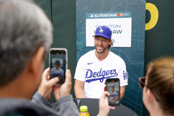 National League's Clayton Kershaw, of the Los Angeles Dodgers, speaks during an All-Star Game player availability, Monday, July 10, 2023, in Seattle. The All-Star Game will be played Tuesday, July 11. (AP Photo/Lindsey Wasson)
