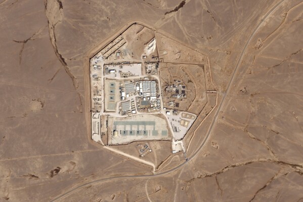This satellite photo from Planet Labs PBC shows a military base known as Tower 22 in northeastern Jordan, on Oct. 12, 2023. Three American troops were killed and 