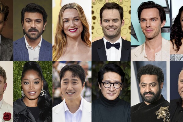 This combination of photos shows, top row from left, Selma Blair, Austin Butler, Ram Charan, Kerry Condon, Bill Hader, Nicholas Hoult, Stephanie Hsu and Vicky Krieps, bottom row from left, Lashana Lynch, Paul Mescal. Keke Palmer, Park Hae-il, Ke Huy Quan, NT Rama Rao Jr., Paul Reiser and Taylor Swift, who are among the entertainment professionals invited to join the Academy of Motion Picture Arts and Sciences. (AP Photo)