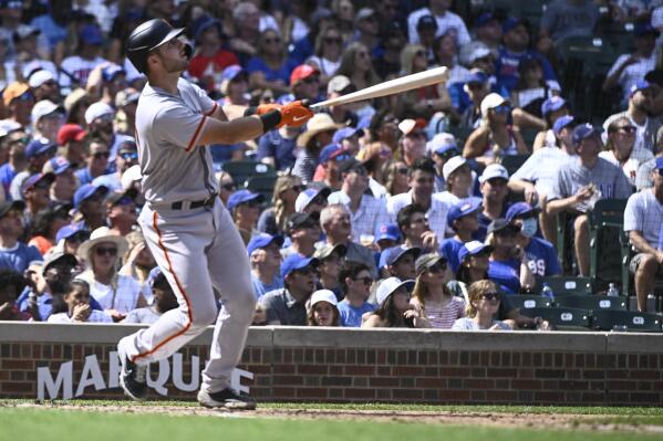 San Francisco Giants Joey Bart hits a two run home run against the Chicago Cubs during the second inning of a baseball game, in Chicago, Saturday, Sept.10, 2022. (AP Photo/Matt Marton)