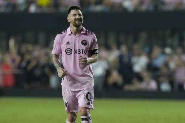 Inter Miami forward Lionel Messi (10) reacts after missing a kick during the second half of an MLS soccer match against the Nashville SC, Wednesday, Aug. 30, 2023, in Fort Lauderdale, Fla. (AP Photo/Marta Lavandier)