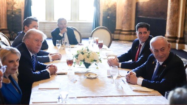 FILE - Republican presidential candidate former President Donald Trump meets with Israeli Prime Minister Benjamin Netanyahu at his Mar-a-Lago estate, July 26, 2024, in Palm Beach, Fla. (AP Photo/Alex Brandon, File)