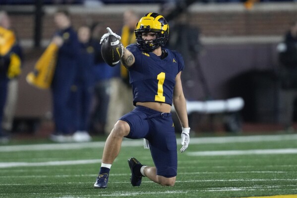 Michigan wide receiver Roman Wilson (1) celebrates a first-down reception against Purdue in the first half of an NCAA college football game in Ann Arbor, Mich., Saturday, Nov. 4, 2023. (AP Photo/Paul Sancya)