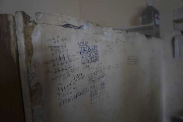 A handwritten calendar is seen on the wall of a building in which Ukrainian civilians said they were detained and tortured by Russian forces, in Kherson, Ukraine, Thursday, Dec. 8, 2022. (AP Photo/Evgeniy Maloletka)