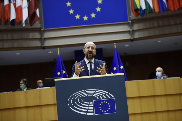 European Council President Charles Michel addresses European lawmakers during a plenary session on the inauguration of the new President of the United States and the current political situation, at the European Parliament in Brussels, Wednesday, Jan. 20, 2021. (AP Photo/Francisco Seco, Pool)