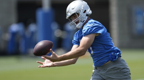 FILE - Detroit Lions tight end Sam LaPorta catches a pass during an NFL football practice in Allen Park, Mich., Thursday, June 8, 2023. LaPorta was one of nine tight ends selected in the first three rounds of this year’s draft, the highest total since the common draft era began in 1967. (AP Photo/Paul Sancya)