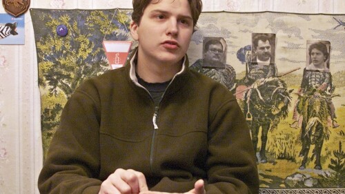 FILE - Belarus journalist Pavel Mazheika speaks to the Associated Press, in the city of Zhlobin, 231 km (144 miles) east of Minsk, Belarus, on Jan. 22, 2003. Mazheika, a prominent journalist went on trial in Belarus Monday July 10, 2023, the latest step in a years-long crackdown on opposition figures, independent journalists and human rights activists. If convicted on the charges of assisting extremist activity, Mazheika, 45, faces up to six years in prison for his work covering the political opposition. (AP Photo, File)