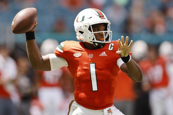 Miami quarterback D'Eriq King (1) throws a pass during the second quarter of an NCAA college football game against Michigan State, Saturday, Sept. 18, 2021, in Miami Gardens, Fla. (AP Photo/Michael Reaves)