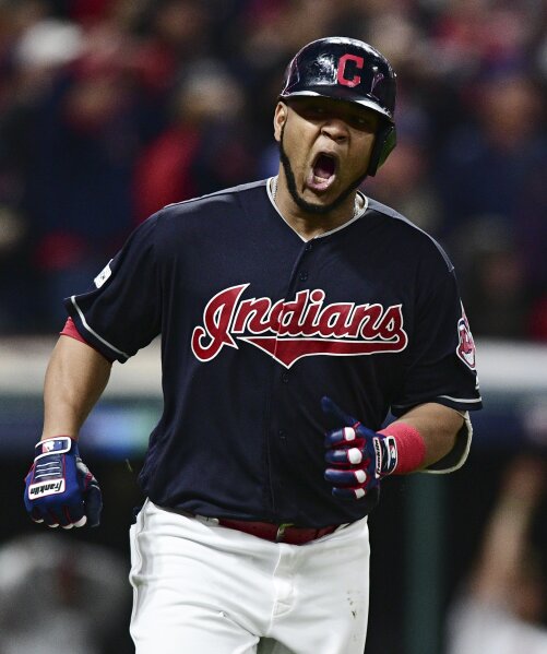 
              Cleveland Indians' Edwin Encarnacion reacts after flying out during the sixth inning against the New York Yankees in Game 5 of a baseball' American League Division Series, Wednesday, Oct. 11, 2017, in Cleveland. (AP Photo/David Dermer)
            