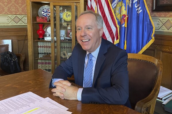 FILE - Wisconsin Assembly Speaker Robin Vos speaks during an interview at the state Capitol in Madison, Wis., on Wednesday, Dec. 20, 2023. A constitutional amendment supported by Republicans that attempts to limit diversity, equity and inclusion efforts in Wisconsin was up for its first vote in the Legislature on Thursday, Feb. 15, 2024. (AP Photo/Harm Venhuizen, File)