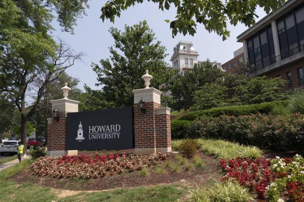 FILE - In this July 6, 2021, file photo, an electronic signboard welcomes people to the Howard University campus in Washington. Two high-profile faculty appointments this week could be a fundraising and enrollment bonanza for Howard University, one of the nation’s most prestigious Black colleges. (AP Photo/Jacquelyn Martin, File)