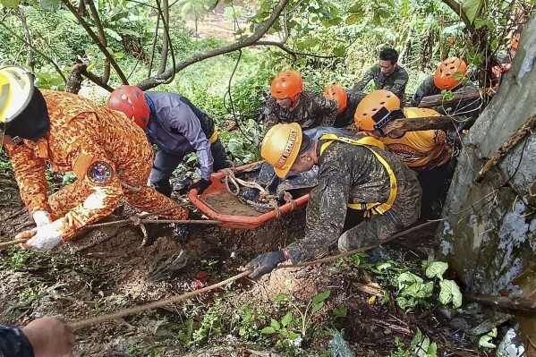 In this handout photo provided by the Municipality of Monkayo, rescuers retrieve a body of one of the victims after a landslide due to heavy rains at Monkayo town in Davao de Oro province, southern Philippines on Friday, Jan. 19, 2024. A landslide set off by days of heavy rain buried a house in the southern Philippines where people were holding Christian prayers, killing multiple people, including children, and seriously injuring some others, a disaster-response official said. (Municipality of Monkayo via AP)