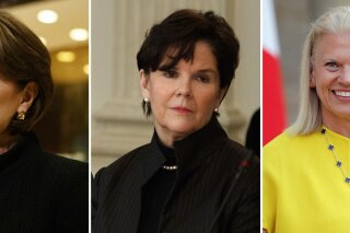 
              This photo combination show five of the highest-paid female CEOs for 2018, as calculated by The Associated Press and Equilar, an executive data firm. From left: Mary Barra, General Motors, $21.9 million; Marillyn Hewson, Lockheed Martin, $21.5 million; Phebe Novakovic, General Dynamics, $20.7 million; Virginia Rometty, IBM, $17.6 million; and Adena Friedman, Nasdaq, $14.4 million. (AP Photo)
            
