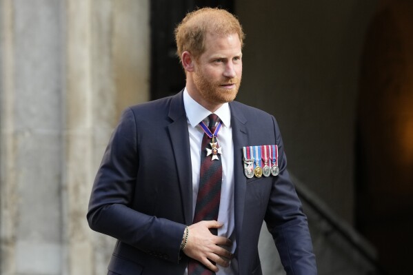 FILE - Britain's Prince Harry leaves after attending an Invictus Games Foundation 10th Anniversary Service of Thanksgiving at St Paul's Cathedral in London, Wednesday, May 8, 2024. Prince Harry has been given permission to appeal the British government's rejection of his police protection detail in the U.K. (AP Photo/Kirsty Wigglesworth, File)