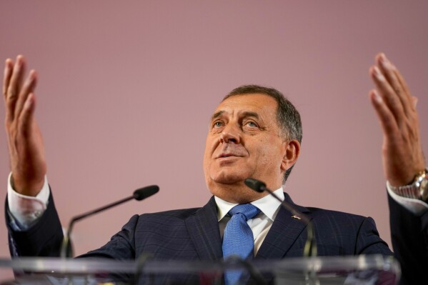 FILE - Bosnian Serb leader Milorad Dodik speaks during a news conference after claiming victory in a general election in the Bosnian town of Banja Luka, 240 kms northwest of Sarajevo, on Monday, Oct. 3, 2022. The Bosnian Serb separatist leader on Monday, Oct. 16, 2023 refused to enter a plea on court charges that he has defied the top international envoy overseeing peace in the Balkan country, displaying his disrespect for the state that went through a bloody war in the 1990's and is again facing possible disintegration. (AP Photo/Darko Vojinovic, File)