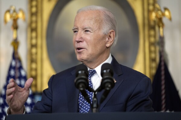 President Joe Biden speaks in the Diplomatic Reception Room of the White House, Thursday, Feb. 8, 2024, in Washington. (AP Photo/Evan Vucci)