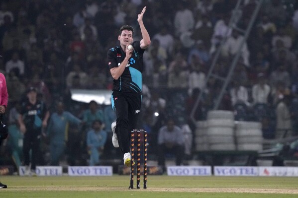 New Zealand's Will O'Rourke bowls during the fourth T20 international cricket match between Pakistan and New Zealand, in Lahore, Pakistan, Thursday, April 25, 2024. (AP Photo/K.M. Chaudary)