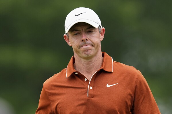 Rory McIlroy, of Northern Ireland, walks on the third hole during the second round of the PGA Championship golf tournament at the Quail Hollow Club, Friday, May 16, 2025, in Charlotte, N.C. (AP Photo/David J. Phillip)