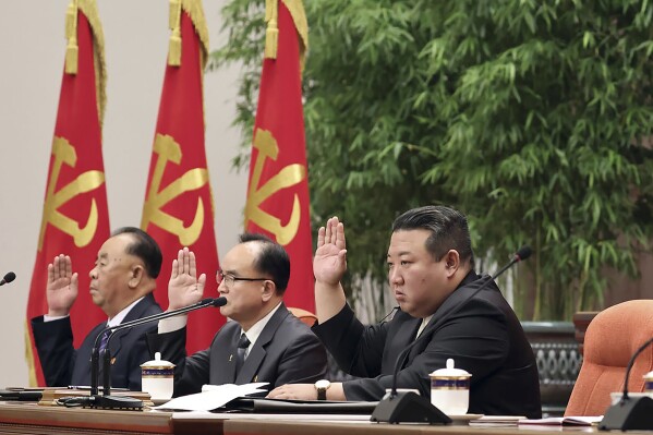 FILE - In this file photo provided on June 19, 2023, by the North Korean government, North Korean leader Kim Jong Un, center, attends an enlarged plenary meeting of the ruling Workers' Party's Central Committee, which was held between June 16 and 18, at the party's headquarters in Pyongyang, North Korea. South Korea said Wednesday, July 12, 2023, North Korea has launched a ballistic missile toward the North’s eastern waters. Independent journalists were not given access to cover the event depicted in this image distributed by the North Korean government. The content of this image is as provided and cannot be independently verified. (Korean Central News Agency/Korea News Service via AP, File)