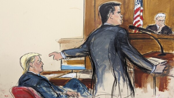 This artist depiction shows defense attorney Todd Blanche pointing at former President Donald Trump while giving his opening statement to the jury in Manhattan criminal court Monday, April 22, 2024, in New York. (Elizabeth Williams via AP)