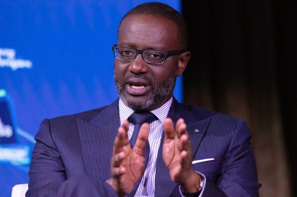 Tidjane Thiam, CEO of Credit Suisse, speaks at the Bloomberg Global Business Forum, Sept. 25, 2019, in New York. (AP Photo/Mark Lennihan, File)