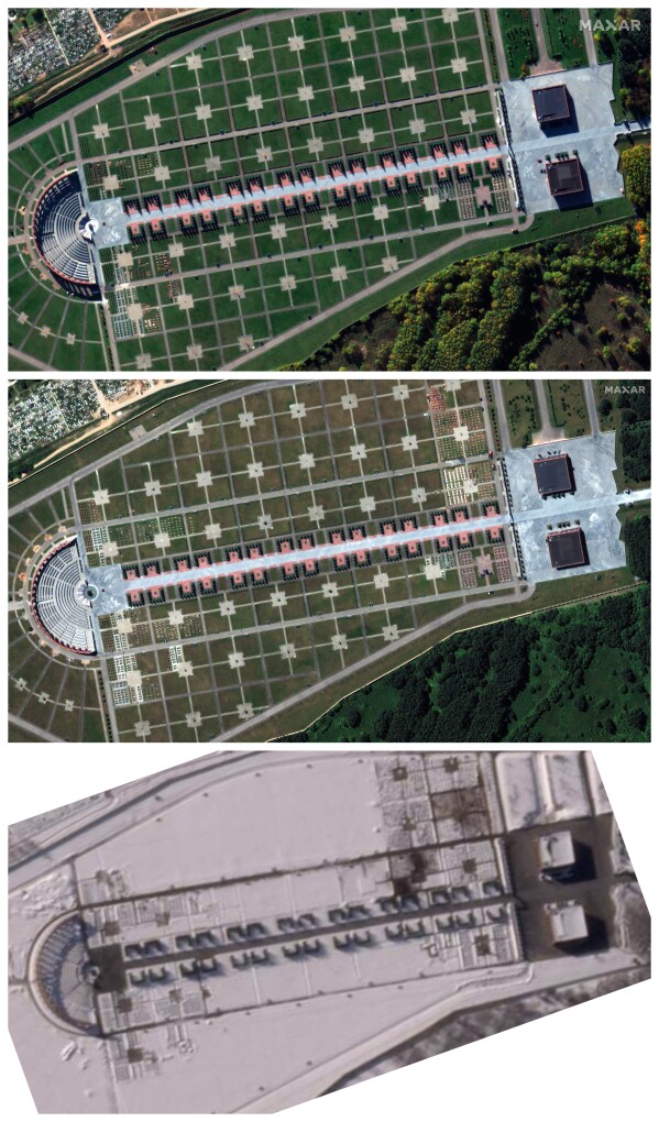 This combination of satellite images provided by Maxar Technologies and Planet Labs shows the Federal Military Memorial Cemetery in Mytishchi, Russia on Oct. 7, 2021; June 19, 2023 and March 3, 2024, with an increasing number of graves. (Maxar Technologies, Planet Labs via AP)