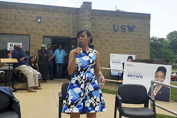 In this undated photo provided by Shontel Brown for Congress, County Councilwoman Shontel Brown campaigns in Ohio. Brown held off progressive Nina Turner Tuesday, Aug. 3, 2021, to win the Democratic primary for an open U.S. House seat in Ohio. She will vie to replace Rep. Marcia Fudge, who left to be President Joe Biden's housing chief, in the 11th Congressional District in November. (Shontel Brown for Congress via AP)