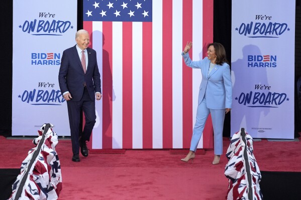 President Joe Biden and Vice President Kamala Harris arrive for a campaign event at Girard College, Wednesday, May 29, 2024, in Philadelphia. (AP Photo/Evan Vucci)