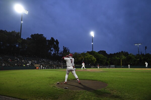 Stanford's Rintaro Sasaki (3) waits to bat against Wake Forest during the fifth inning of an NCAA college baseball game Friday, April 25, 2025, in Stanford, Calif. (AP Photo/Eakin Howard)
