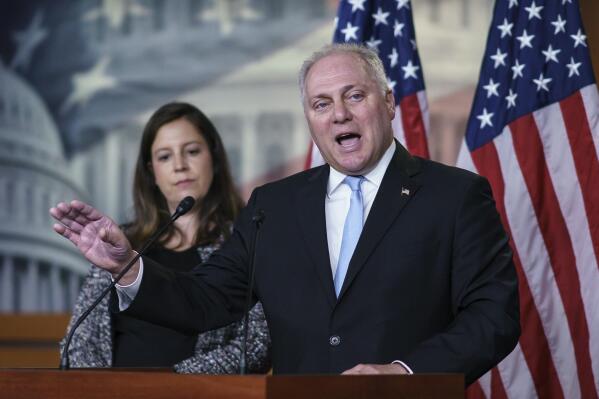 House Minority Whip Steve Scalise, R-La., joined at left by Republican Conference Chair Elise Stefanik, R-N.Y., speaks during a news conference at the Capitol in Washington, Tuesday, June 29, 2021. Scalise won't say whether his caucus will support or participate in a proposed select committee to investigate the Jan. 6 insurrection at the Capitol. (AP Photo/J. Scott Applewhite)