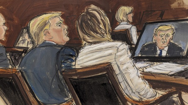 In this courtroom sketch, Thursday, Jan. 25, 2024, Donald Trump and his attorney watch video of his deposition, presented prior to the defense resting, in Federal Court in New York. (Elizabeth Williams via AP)