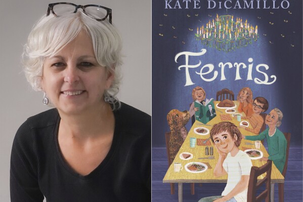 This combination of photos shows author Kate DiCamillo posing for a portrait in New York on Jan. 18, 2024, left, and cover art for her latest book "Ferris." (AP Photo/Bebeto Matthews, left, and Candlewick Press via AP)