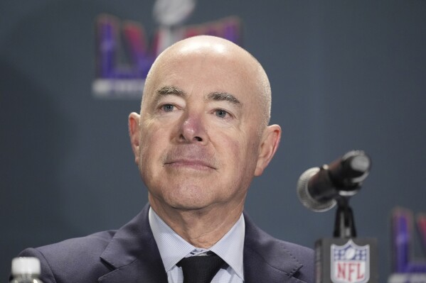 Homeland Security Secretary Alejandro Mayorkas listens during a news conference about security for NFL's Super Bowl 58 football game, in Las Vegas, Wednesday, Feb. 7, 2024. (AP Photo/Alex Brandon)