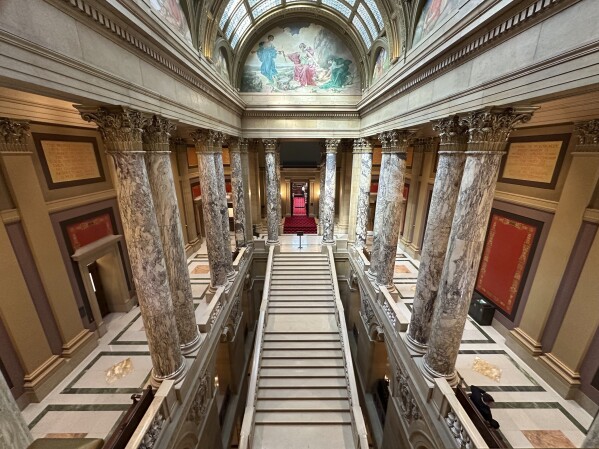 The gallery outside the Minnesota Senate chamber in the State Capitol is shown ahead of a vote on a Republican attempt to expedite an ethics investigation of Democratic Sen. Nicole Mitchell, who's facing a felony burglary charge, Wednesday, April 24, 2024 in St. Paul, Minn. (AP Photo/Steve Karnowski)