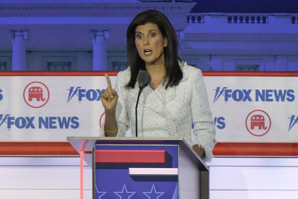 Former U.N. Ambassador Nikki Haley speaks during a Republican presidential primary debate hosted by FOX News Channel Wednesday, Aug. 23, 2023, in Milwaukee. (AP Photo/Morry Gash)