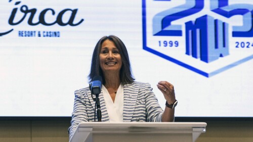 Mountain West Conference commissioner Gloria Nevarez speaks during NCAA college football media days in Las Vegas, Wednesday, July 19, 2023. (Bizuayehu Tesfaye/Las Vegas Review-Journal via AP)