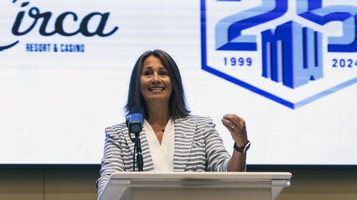 Mountain West Conference commissioner Gloria Nevarez speaks during NCAA college football media days in Las Vegas, Wednesday, July 19, 2023. (Bizuayehu Tesfaye/Las Vegas Review-Journal via AP)