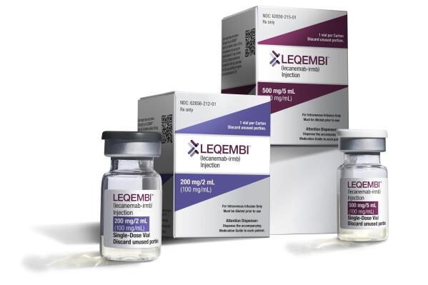 FILE - This Dec. 21, 2022, image provided by Eisai in January 2023 shows vials and packaging for their medication Leqembi. Leqembi, the first drug to show that it slows Alzheimer’s, was approved by the U.S. Food and Drug Administration in early January 2023, but treatment for most patients is still several months away. Two big factors behind the slow debut, according to experts, are scant insurance coverage and a long setup time needed by many health systems. (Eisai via AP, File)